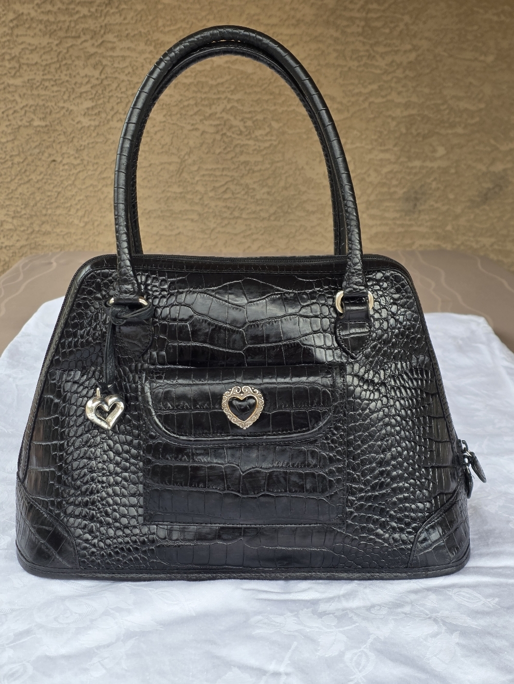 VTG Brighton Black Leather Handbag Croc Pattern  Floral Lining w/ Inner Pockets